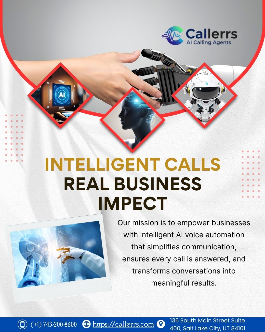 A high-quality business automation graphic for Callerrs featuring a human hand shaking a robotic hand, representing the integration of AI calling agents and voice technology in business.
