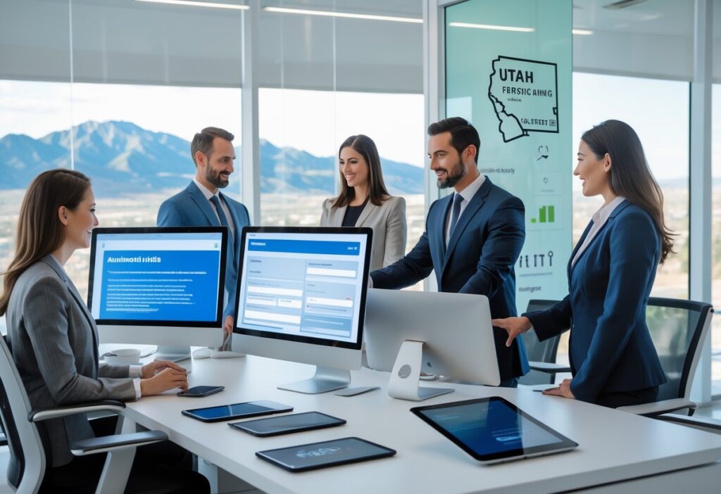 Legal professionals working with computers in a modern office with a view of Utah mountains.