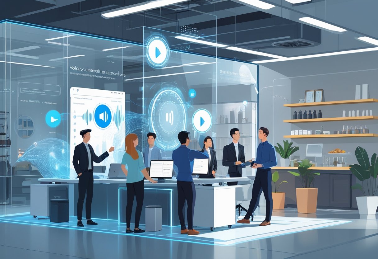 A modern small business office where people use AI voice assistants through wearable devices and holographic displays in a bright, collaborative workspace.