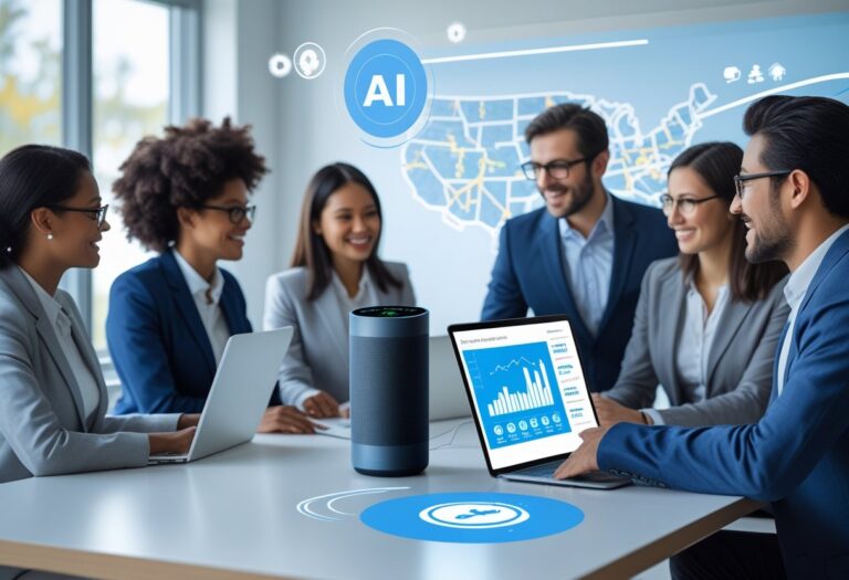 A group of business professionals in an office using smart speakers and digital devices to discuss AI voice search technology for local businesses.